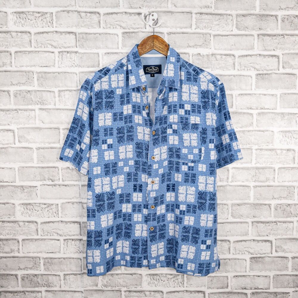 Nat Nast Men's Silk Cotton Short Sleeve Button up Shirt Blue Print Sz Medium